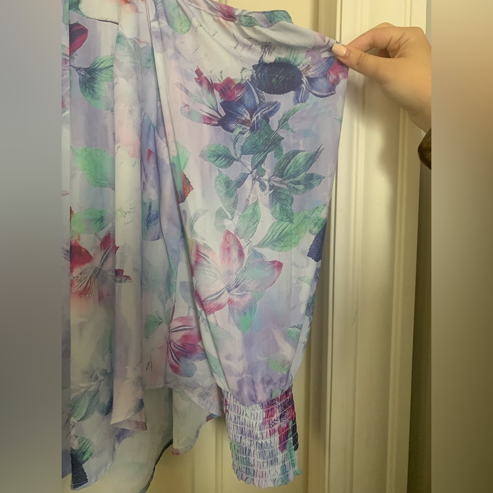 Georgette Smocked Neck Cold Shoulder Blouse - Picture 3 of 7